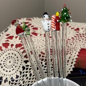 Vintage Christmas Swizzle Sticks Glass Blown Art Deco Barware Kitchen Set of 6